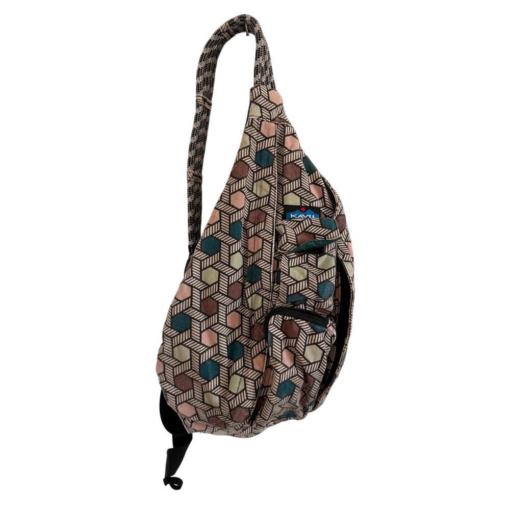 KAVU Canvas Rope Bag Crossbody Sling Backpack Hexagon Geometric Print Multicolor